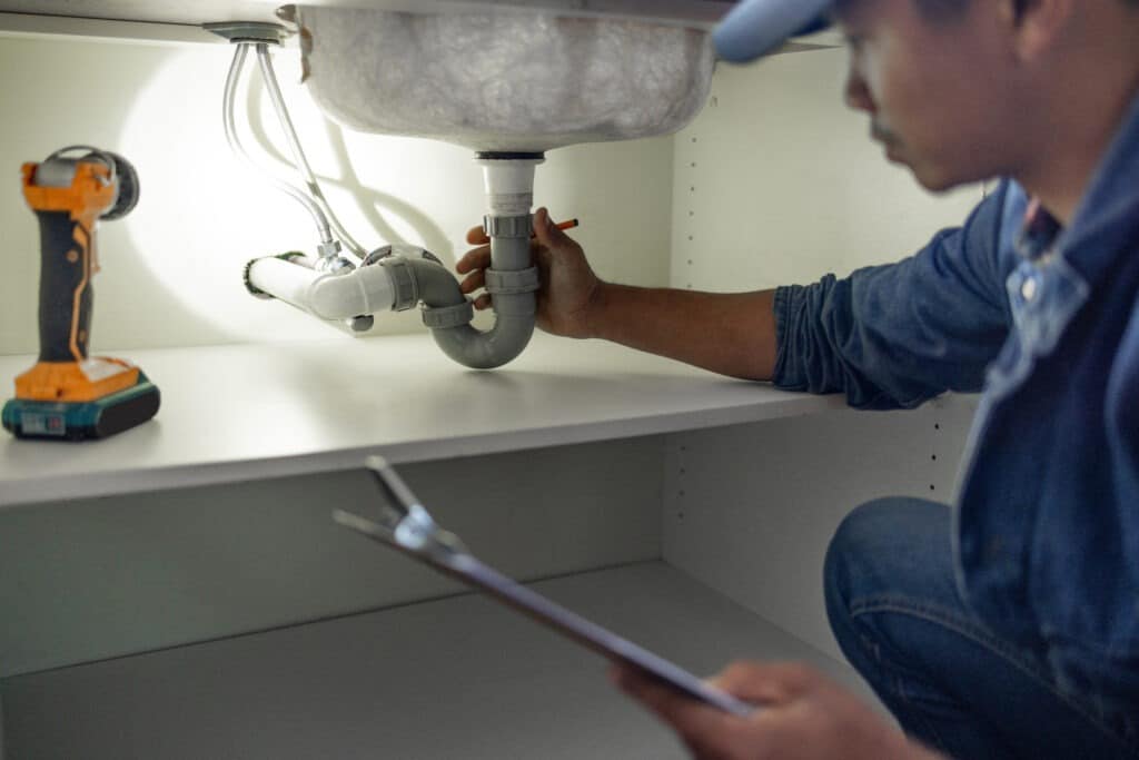 Plumber, sink maintenance check and plumbing data of a handyman in a kitchen